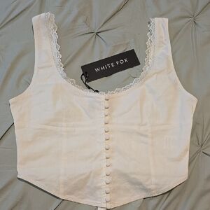 White Fox Boutique White Lace-Trim Button Front Crop Top
